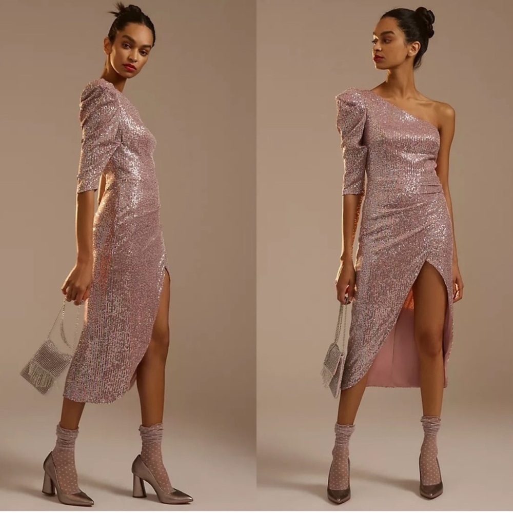 Ieena Mac Duggal 42019 NWT Sz 8 Sequin One Shoulder Faux Wrap Dress Midi Mauve